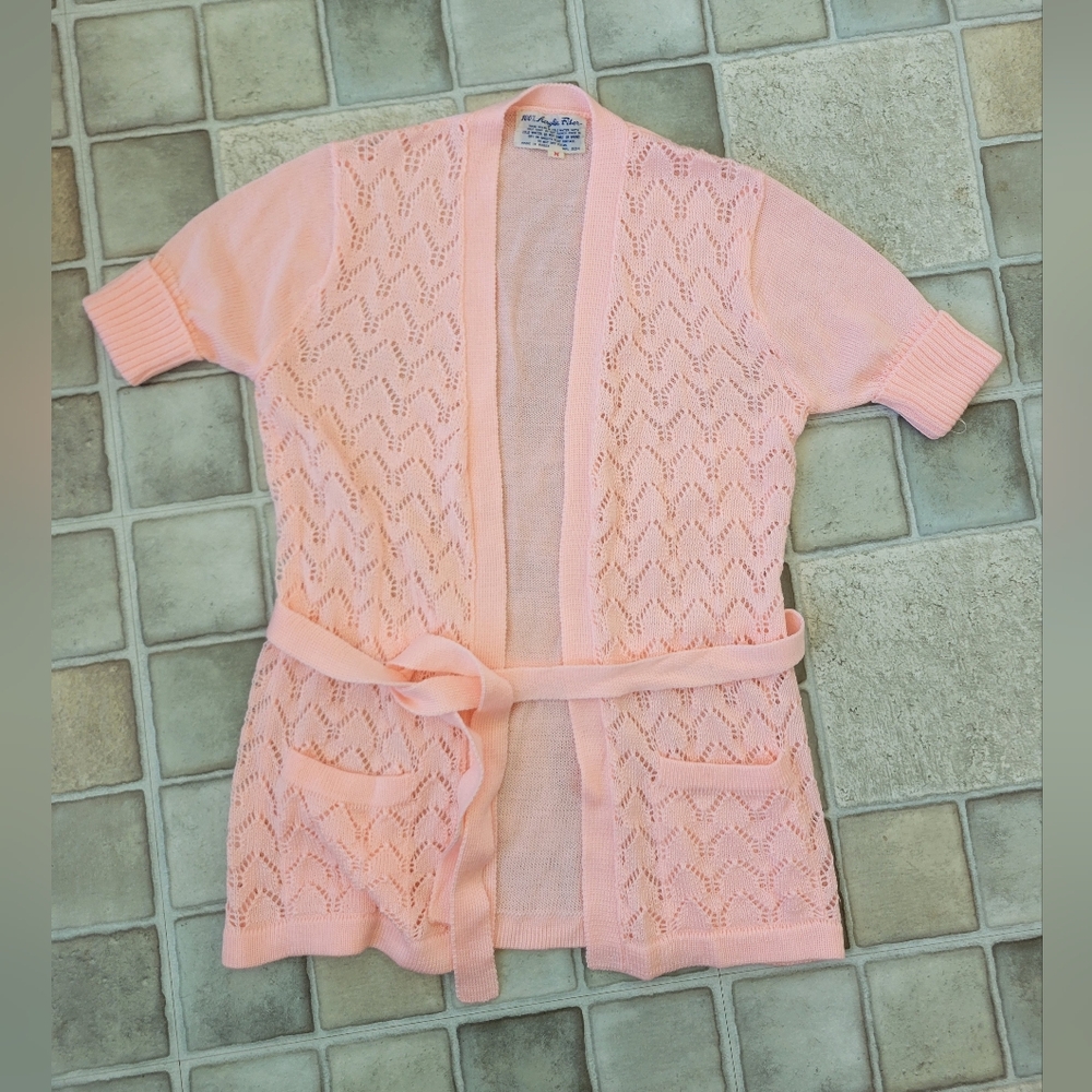 Vintage Short Sleeve Pink Pointelle Cardigan with Belt Size Medium